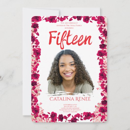 Invitation élégante de Quinceañera florale rose (Devant)