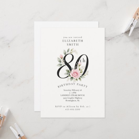 Invitation élégante de Rose rose pour 80e annivers (Devant/Arrière en situation)