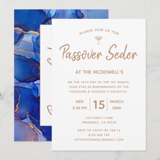 Invitation élégante de Seder de Pâque en bleu et o (Devant / Derrière)