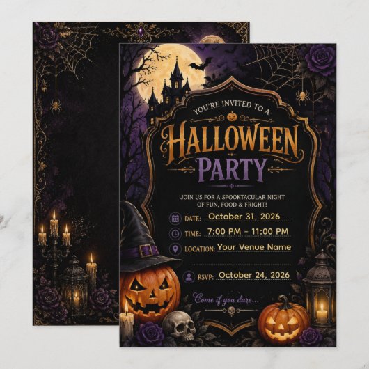 🎃 Invitation élégante de soirée gothique d'Hallow (Devant / Derrière)