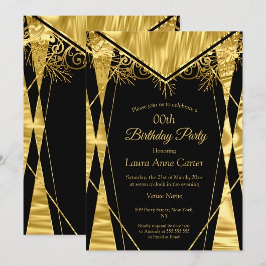 Invitation Elégante Déco Black Gold Faux Foil Fête d'annivers (Devant / Derrière)