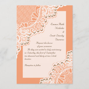 Invitation Elégante dentelle blanche avec perles corail maria