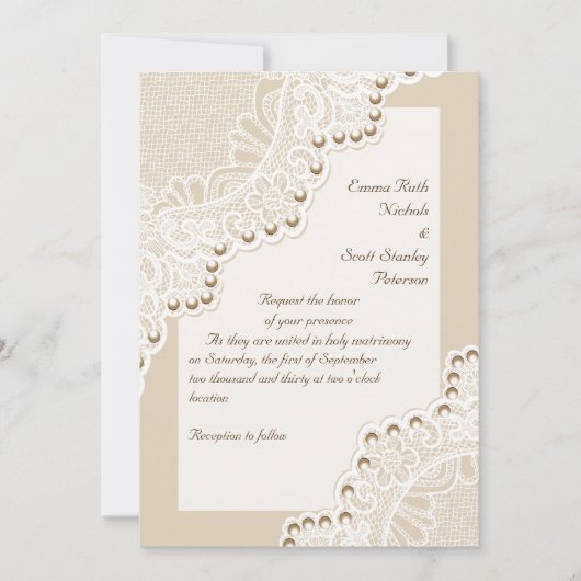 Invitation Elégante dentelle blanche avec perles mariage (Devant)