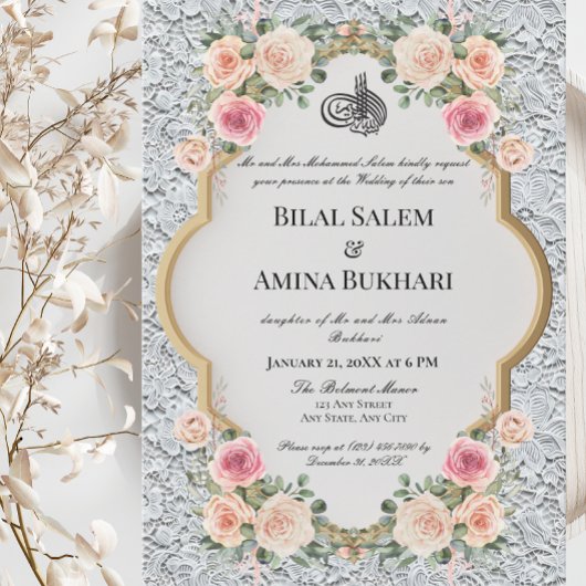 Invitation Elégante dentelle blanche et arche florale Mariage