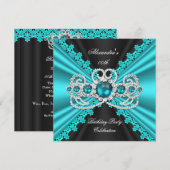 Invitation Elégante dentelle bleue Turquoise Diamant noir Ann (Devant / Derrière)