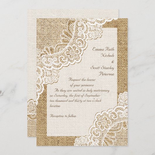 Invitation Elégante dentelle d'angle blanc rustique sur maria (Devant / Derrière)