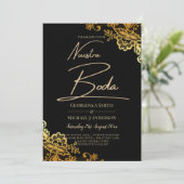 Invitation Élégante dentelle d'or noir Mariage moderne (Debout devant)