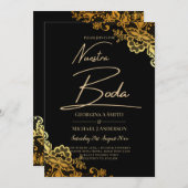 Invitation Élégante dentelle d'or noir Mariage moderne (Devant / Derrière)