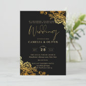 Invitation Élégante dentelle d'or noir Mariage moderne (Debout devant)