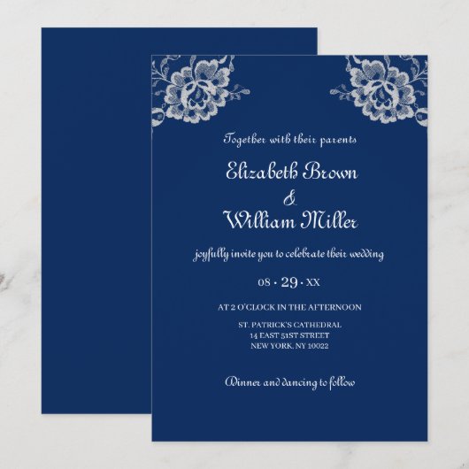Invitation Elégante dentelle florale sur Mariage bleu marine (Devant / Derrière)