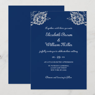 Invitation Elégante dentelle florale sur Mariage bleu marine