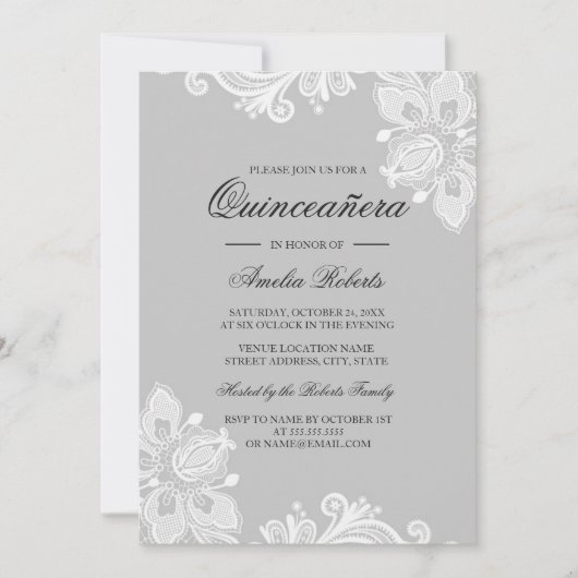 Invitation Elégante dentelle gris blanc Quinceanera Invitatio (Devant)