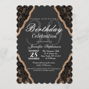 Invitation Élégante dentelle noire sur le jute de Burlap