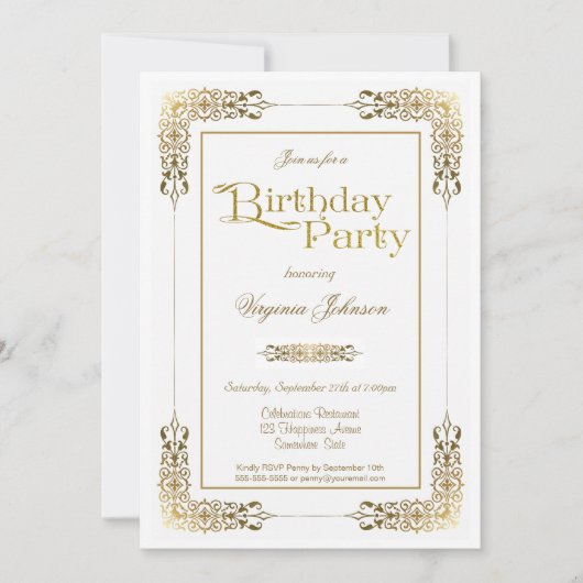 Invitation Elégante Dentelle Ornate Or Anniversaire (Devant)