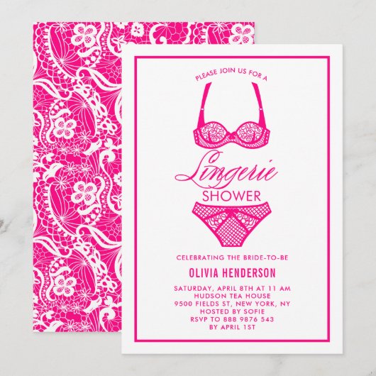 Invitation Elégante Dentelle Rose Chaud Lingerie Douche Invit (Devant / Derrière)