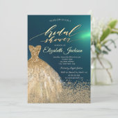 Invitation Elégante Diamants Or Robe Fête des mariées verte (Debout devant)