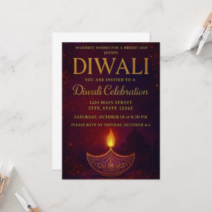 Invitation Elégante Diya & Gold Script Diwali Célébration
