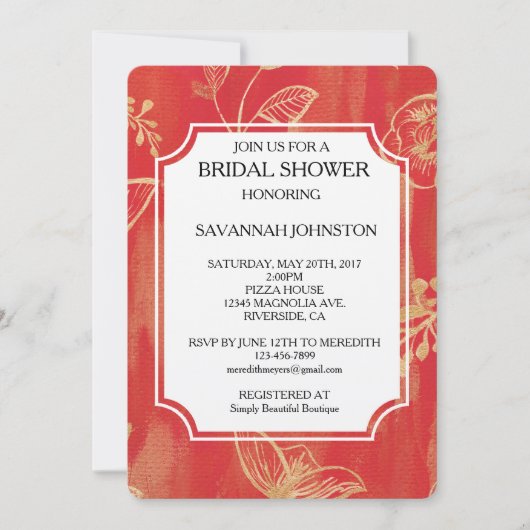 Invitation Elégante douche à nuptiale Red Gold Floral (Devant)