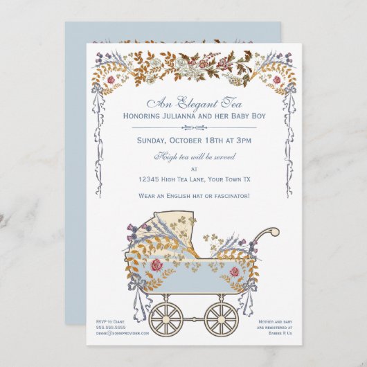 Invitation Elégante douche buggy pour bébé à fleurs romantiqu (Devant / Derrière)