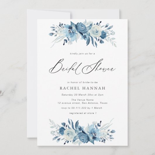Invitation Élégante douche de mariée à script floral bleu (Devant)