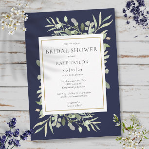 Invitation Élégante Douche de Mariée Bleu Nuit et Or avec Feu