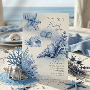 Invitation Élégante douche de mariée coquillage océan bleu cô