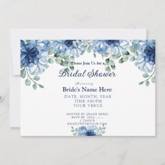 Invitation Élégante Douche de Mariée Florale Aquarelle Bleu P