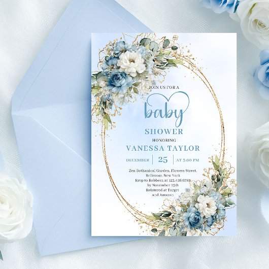 Invitation Élégante douche florale bleu clair Eucalyptus Or