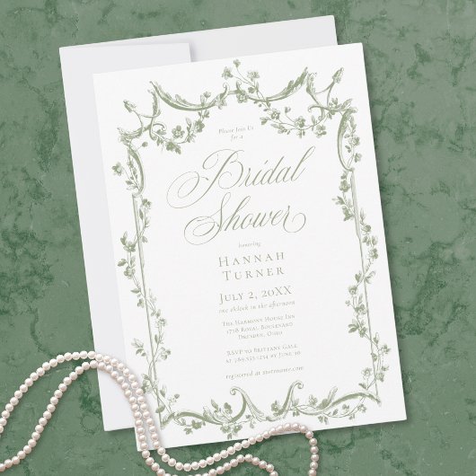 Invitation Élégante Douche Florale Délicate Vert Sauge Classi