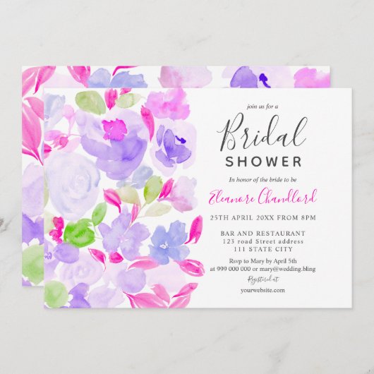 Invitation Elégante douche nuptiale à aquarelle violette (Devant / Derrière)