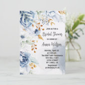 Invitation élégante douche nuptiale blanche bleue et dorée fl (Debout devant)