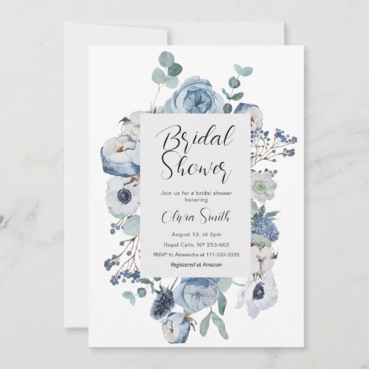 Invitation Elégante douche nuptiale bleu poussiéreuse (Devant)