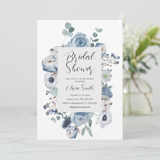 Invitation Elégante douche nuptiale bleu poussiéreuse (Debout devant)