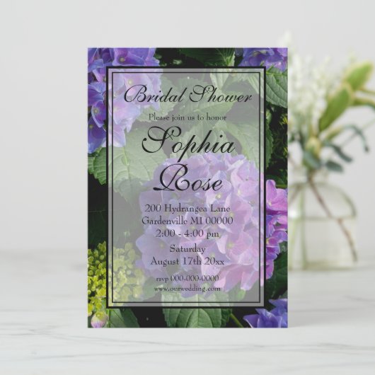 Invitation Elégante douche nuptiale hydrangée rose violet (Debout devant)