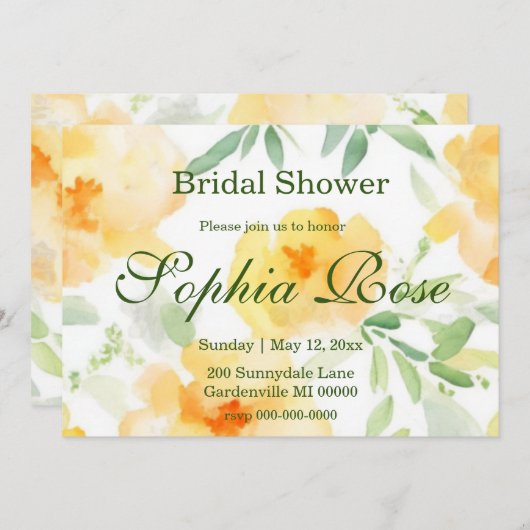 Invitation Elégante douche nuptiale jaune orange (Devant / Derrière)