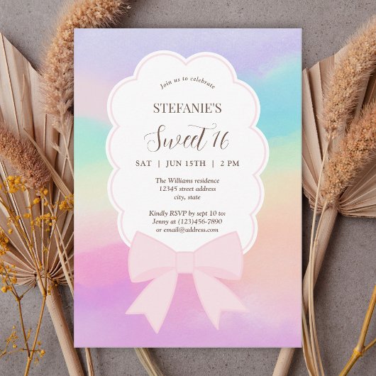 Invitation Elégante Dreamy Pink Bow Sweet 16 Anniversaire