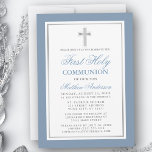 Invitation Elégante Dusty Bleu Argent Première Sainte Communi<br><div class="desc">Moderne Elégante Dusty Bleu et Argent Première Sainte Communion Invitation avec Croix.</div>