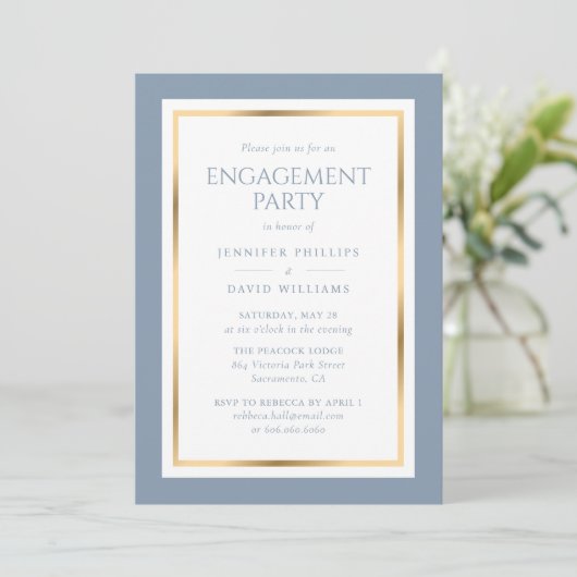 Invitation Elégante Dusty Blue and Gold Engagement Party (Debout devant)