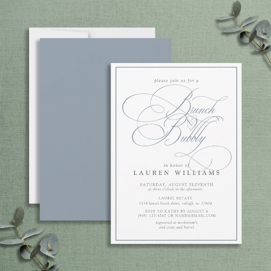 Invitation Elégante Dusty Blue Calligraphy Brunch & Bubbly