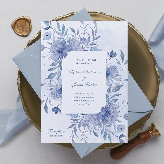 Invitation Elégante Dusty Blue Chinoiserie Floral Mariage