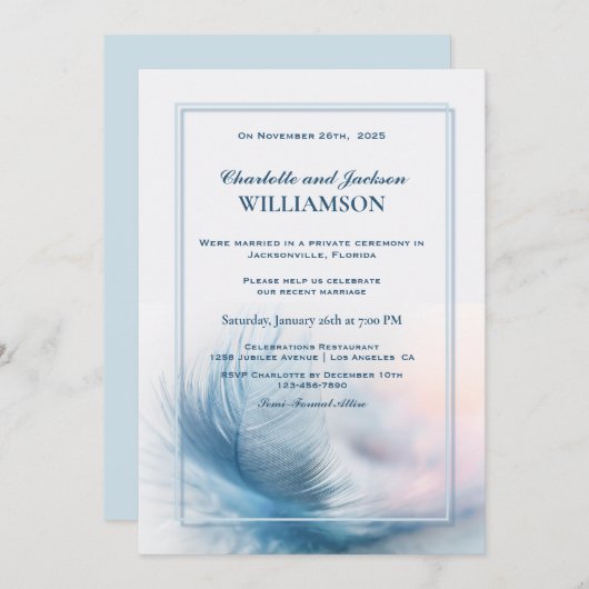 Invitation Elégante Dusty Blue Feather Réception de mariage (Devant / Derrière)