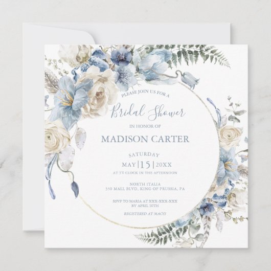 Invitation Elégante Dusty Blue Floral Bridal Shower Invitatio (Devant)
