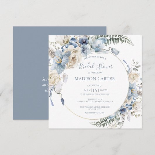 Invitation Elégante Dusty Blue Floral Bridal Shower Invitatio (Devant / Derrière)