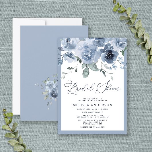 Invitation Elégante Dusty Blue Floral Bridal Shower Invitatio