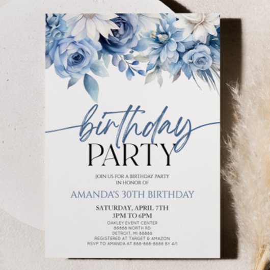 Invitation Elégante Dusty Blue Floral Fleurs Anniversaire