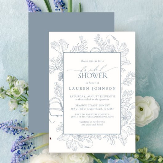 Invitation Elégante Dusty Blue Floral Line Fête des mariées d