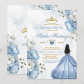 Invitation Elégante Dusty Blue Flowers Princesse Quinceañera (Devant / Derrière)