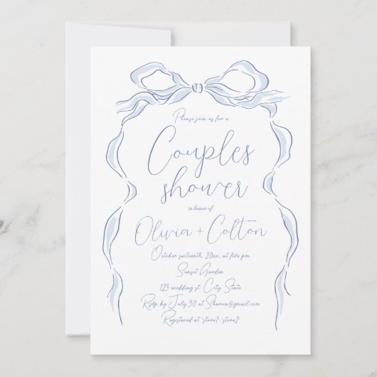 Invitation Elégante Dusty Blue Main Tirée Couples Bow Douche (Devant)