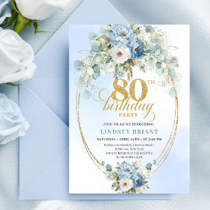 Invitation élégante Dusty Blue Peony Floral Gold p