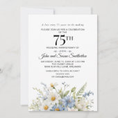 Invitation Elégante Dusty Blue White Flowers 75e anniversaire (Devant)